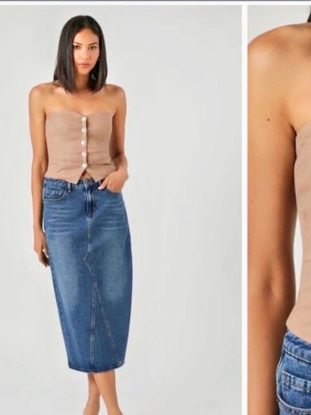 Forever 21 Linen-Blend Strapless Button-Front Corset Tube Top Brown